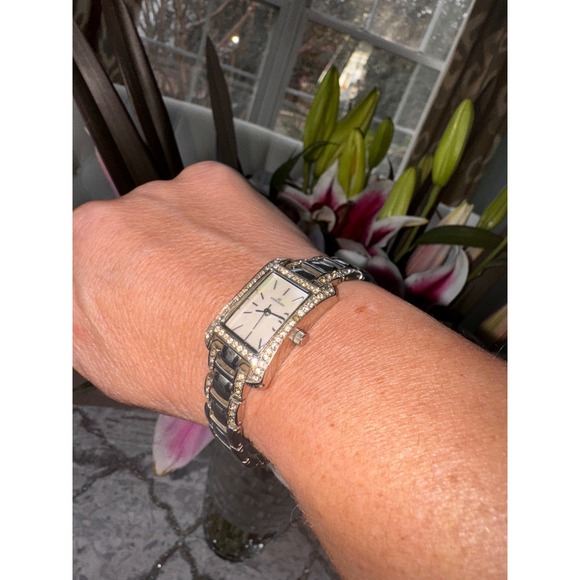 Anne Klein Womens Rectangular Mother of Pearl Dial Crystal Watch Silver‎ Tone - Picture 9 of 12